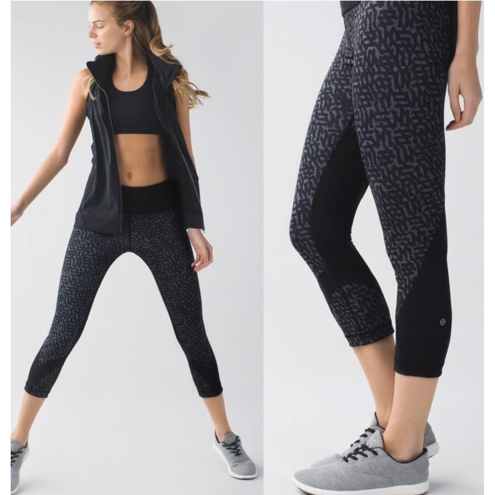 Lululemon Athletica‎ Crop Leggings Abstract Print Black Workout Running Pants 6